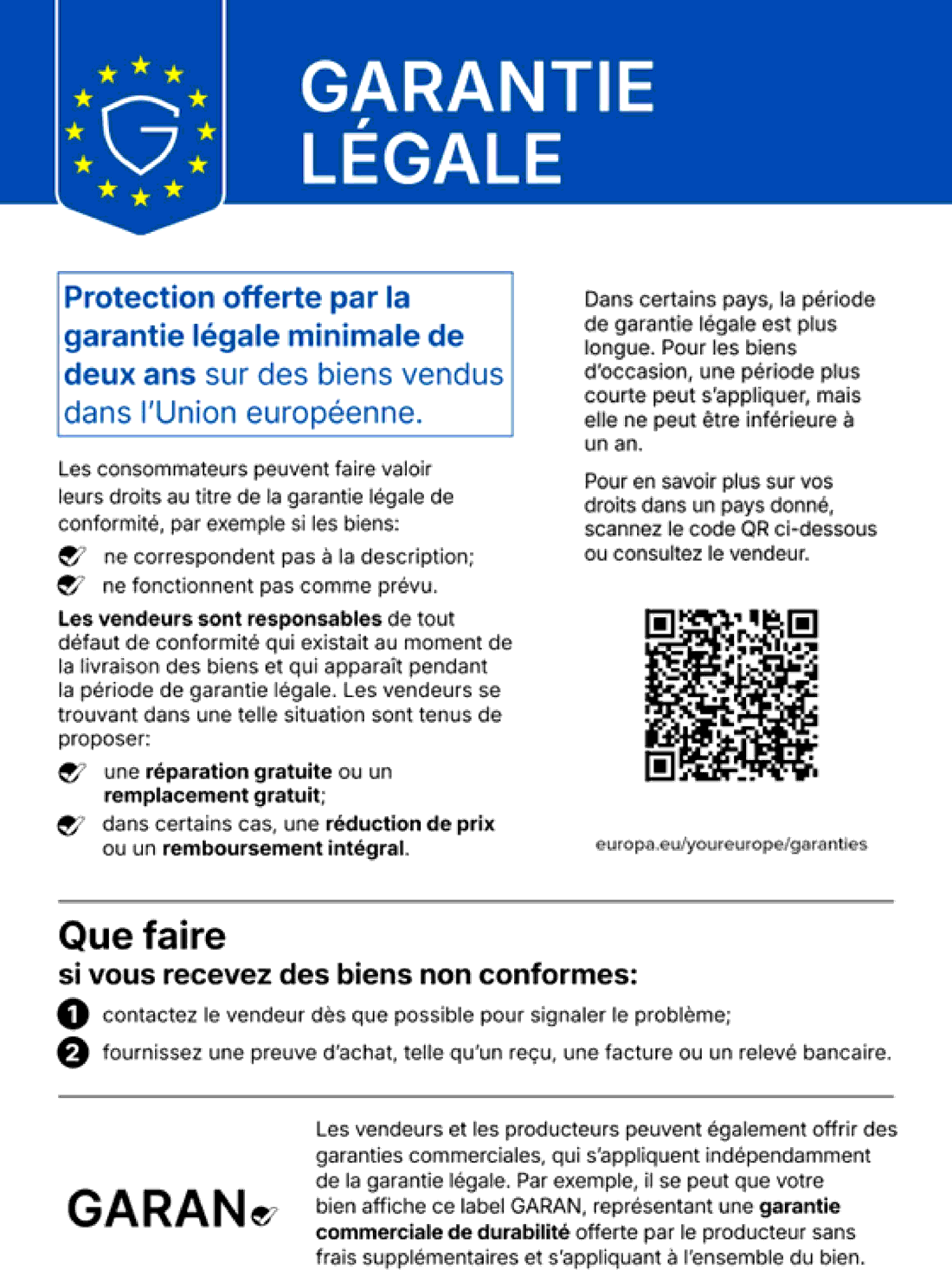Garantie légale de conformité — au moins deux ans (UE)