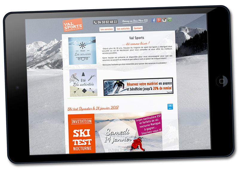 sites internet magasin de location de ski et équipements sportifs à Manigod, en Haute-Savoie, Val Sport